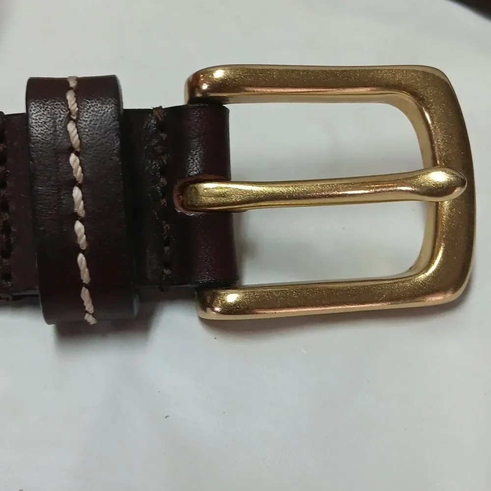 Eddie Bauer Brown Italian Leather Belt  Solid Brass Buckle Center Stitch Italy